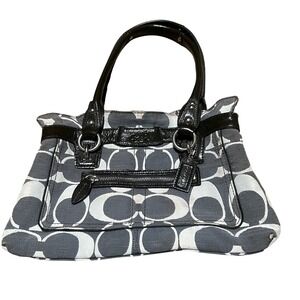 Vintage Coach Signature C Monogram Tote‎ Handbag Gray White Patent Leather Trim